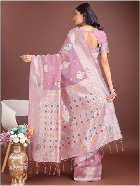 Women's Linen Cotton Printed Saree With Unstitched Blouse 5.5Mtr (Purple)