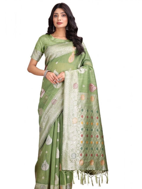 Women's Linen Cotton Printed Saree With Unstitched Blouse 5.5Mtr (Light Green)