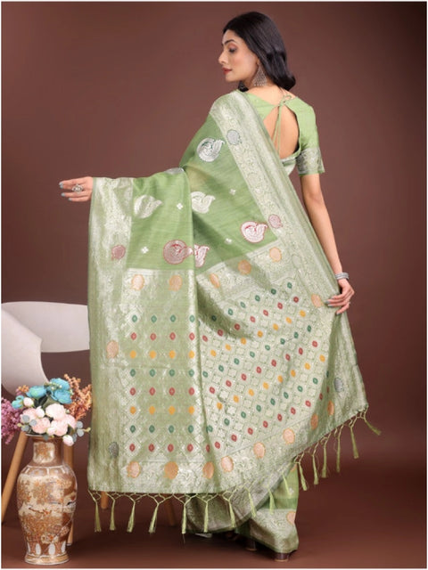 Women's Linen Cotton Printed Saree With Unstitched Blouse 5.5Mtr (Light Green)