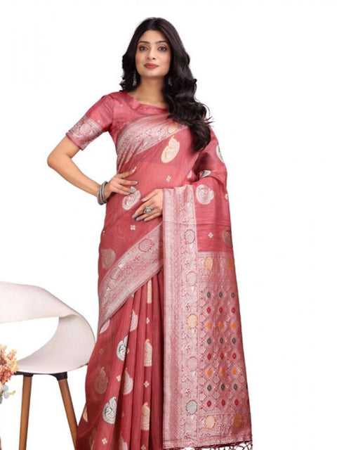 Women's Linen Cotton Printed Saree With Unstitched Blouse 5.5Mtr (Pink)