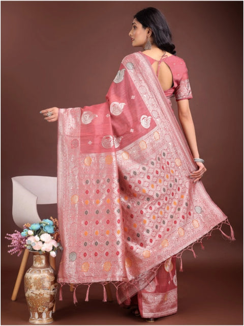 Women's Linen Cotton Printed Saree With Unstitched Blouse 5.5Mtr (Pink)