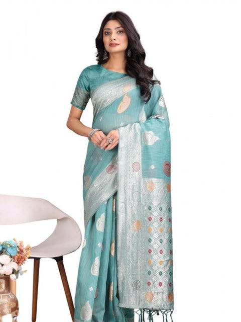 Women's Linen Cotton Printed Saree With Unstitched Blouse 5.5Mtr (Sea Green)