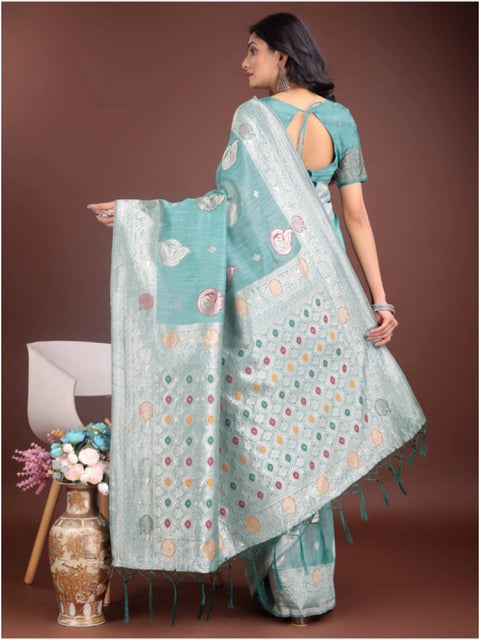 Women's Linen Cotton Printed Saree With Unstitched Blouse 5.5Mtr (Sea Green)