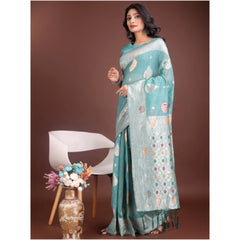 Generic Women's Linen Cotton Printed Saree With Unstitched Blouse 5.5Mtr (Sea Green)