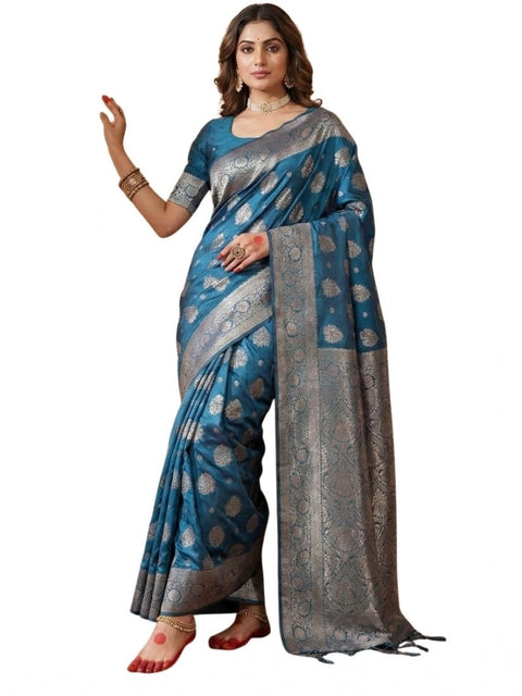 Women's Silk Blend Printed Saree With Unstitched Blouse 5.5Mtr (Teal Blue)