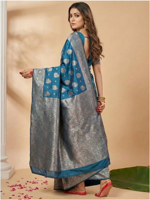 Women's Silk Blend Printed Saree With Unstitched Blouse 5.5Mtr (Teal Blue)