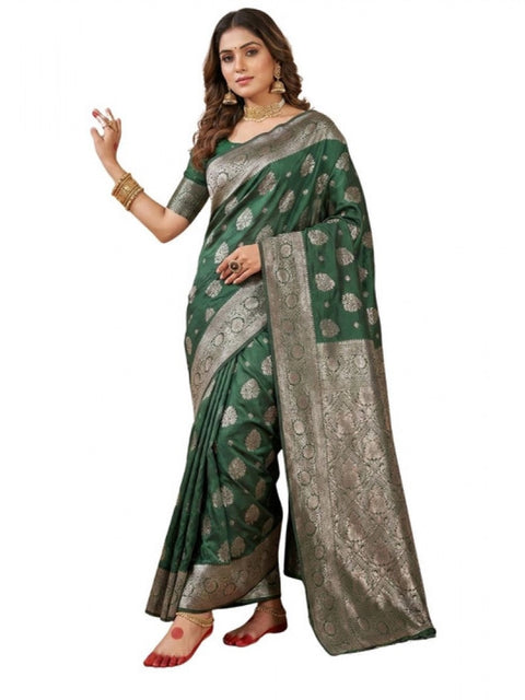 Women's Silk Blend Printed Saree With Unstitched Blouse 5.5Mtr (Dark Green)