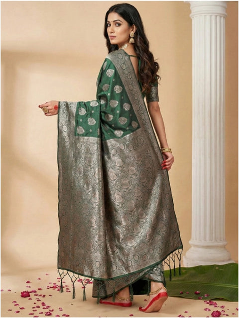 Women's Silk Blend Printed Saree With Unstitched Blouse 5.5Mtr (Dark Green)