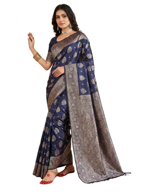 Women's Silk Blend Printed Saree With Unstitched Blouse 5.5Mtr (Navy Blue)