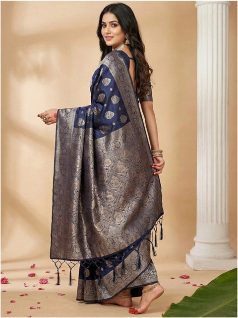 Women's Silk Blend Printed Saree With Unstitched Blouse 5.5Mtr (Navy Blue)