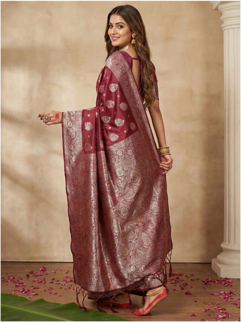Women's Silk Blend Printed Saree With Unstitched Blouse 5.5Mtr (Maroon)