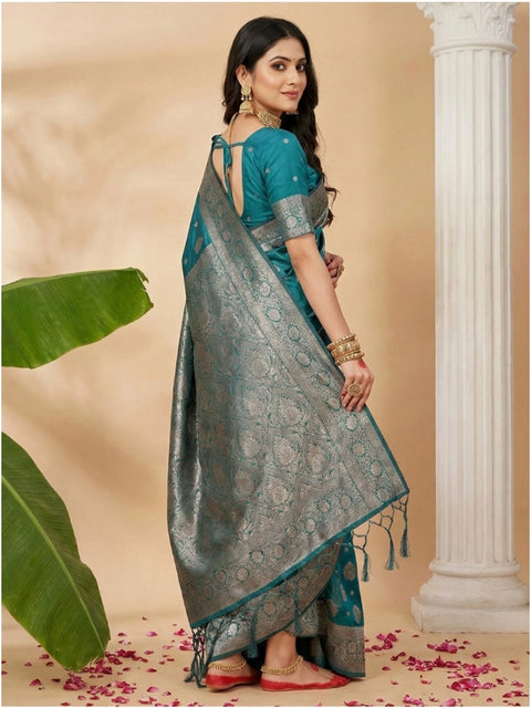 Women's Silk Blend Printed Saree With Unstitched Blouse 5.5Mtr (Sea Green)
