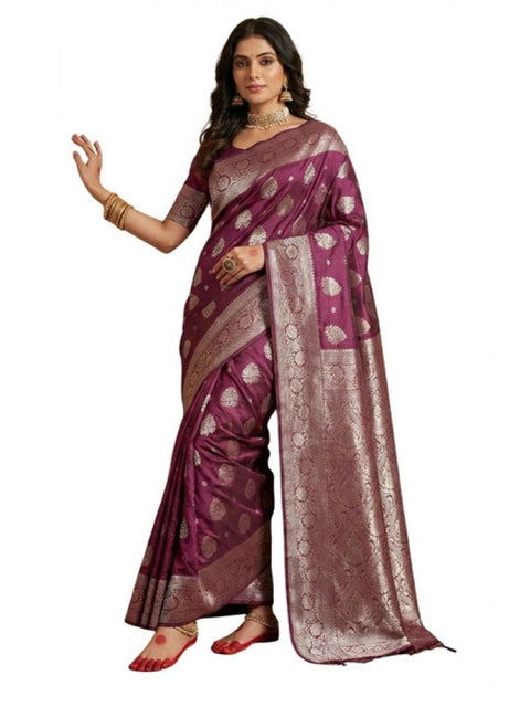 Women's Silk Blend Printed Saree With Unstitched Blouse 5.5Mtr (Purple)