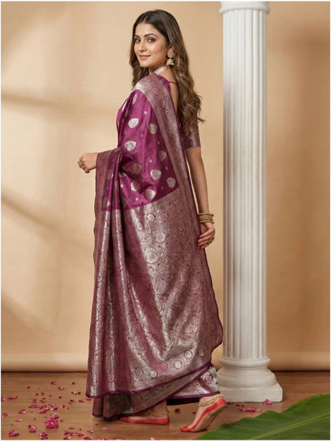 Women's Silk Blend Printed Saree With Unstitched Blouse 5.5Mtr (Purple)