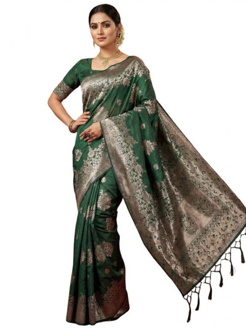 Women's Silk Blend Printed Saree With Unstitched Blouse 5.5Mtr (Dark Green)