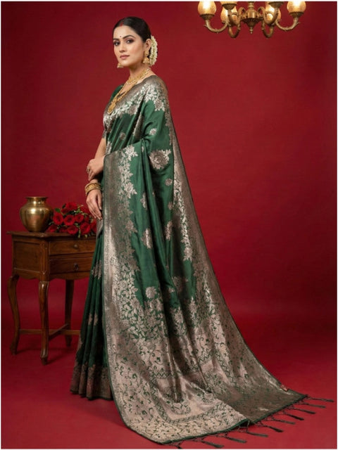 Women's Silk Blend Printed Saree With Unstitched Blouse 5.5Mtr (Dark Green)