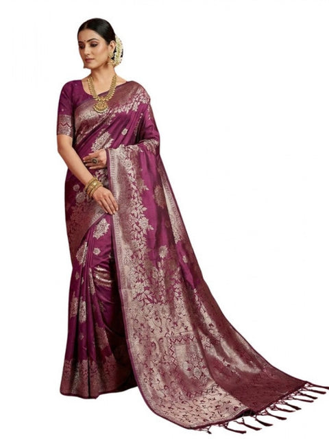 Women's Silk Blend Printed Saree With Unstitched Blouse 5.5Mtr (Purple)
