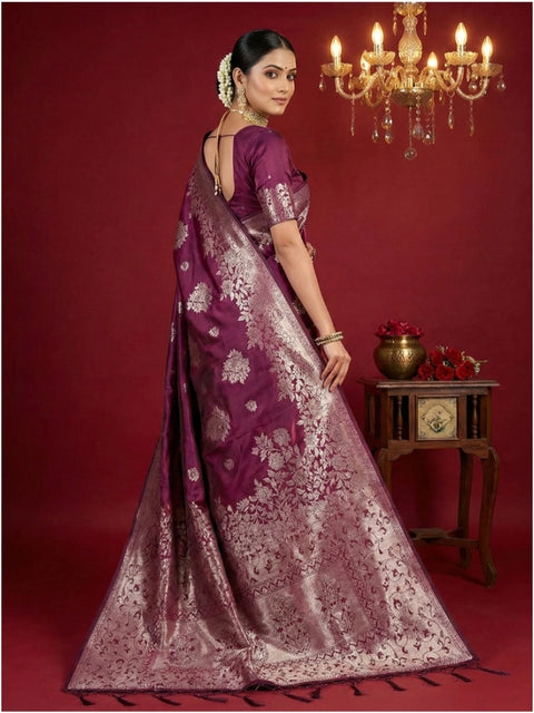 Women's Silk Blend Printed Saree With Unstitched Blouse 5.5Mtr (Purple)