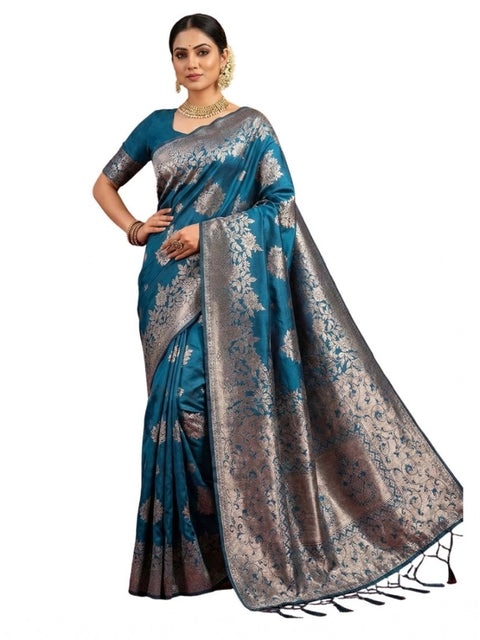 Women's Silk Blend Printed Saree With Unstitched Blouse 5.5Mtr (Teal Blue)