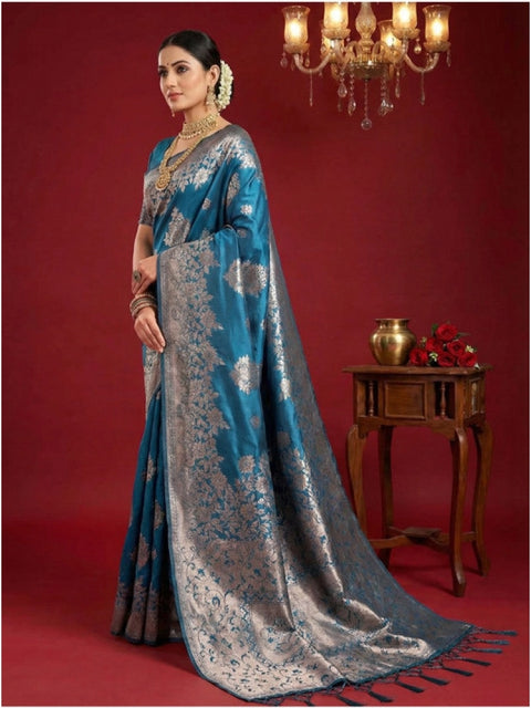 Women's Silk Blend Printed Saree With Unstitched Blouse 5.5Mtr (Teal Blue)