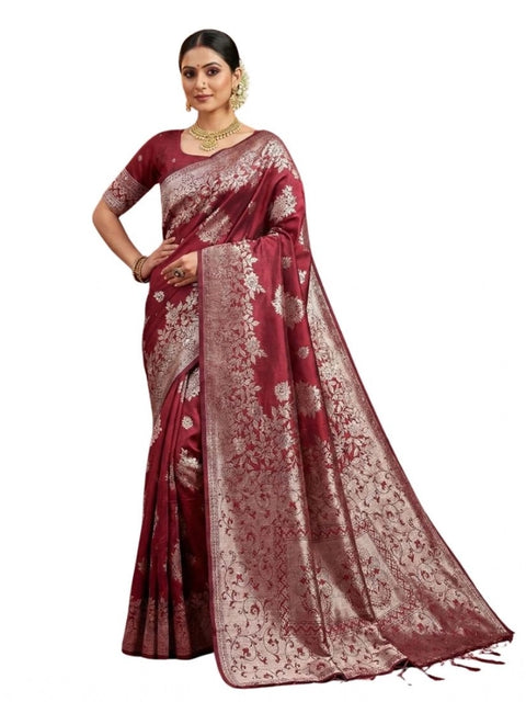 Women's Silk Blend Printed Saree With Unstitched Blouse 5.5Mtr (Maroon)