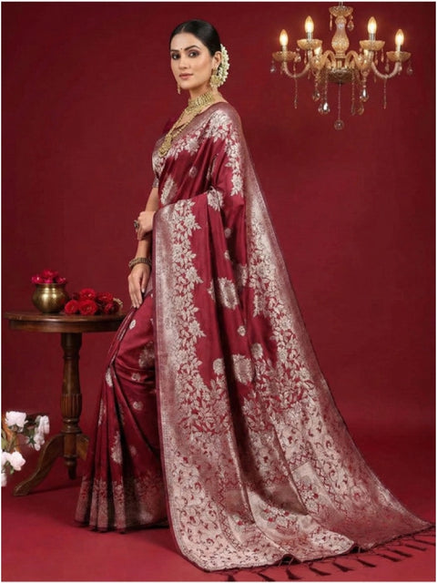 Women's Silk Blend Printed Saree With Unstitched Blouse 5.5Mtr (Maroon)