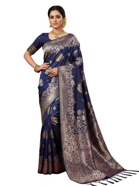 Women's Silk Blend Printed Saree With Unstitched Blouse 5.5Mtr (Navy Blue)