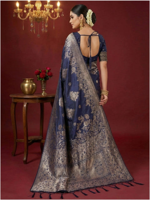 Women's Silk Blend Printed Saree With Unstitched Blouse 5.5Mtr (Navy Blue)