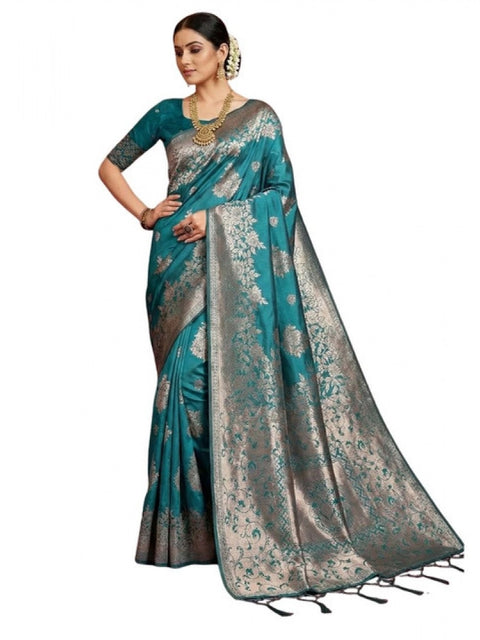 Women's Silk Blend Printed Saree With Unstitched Blouse 5.5Mtr (Sea Green)