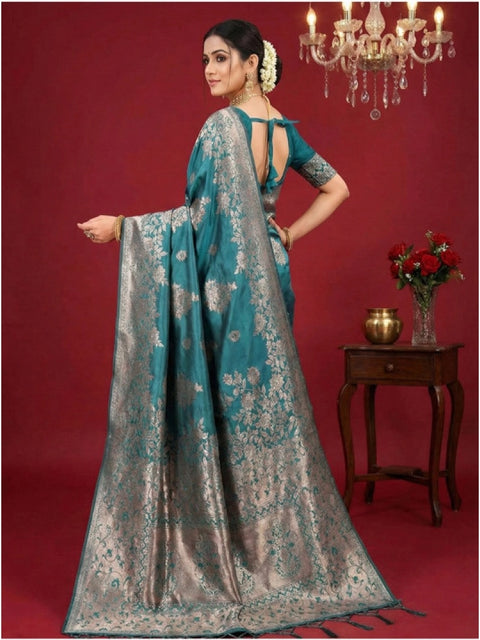 Women's Silk Blend Printed Saree With Unstitched Blouse 5.5Mtr (Sea Green)