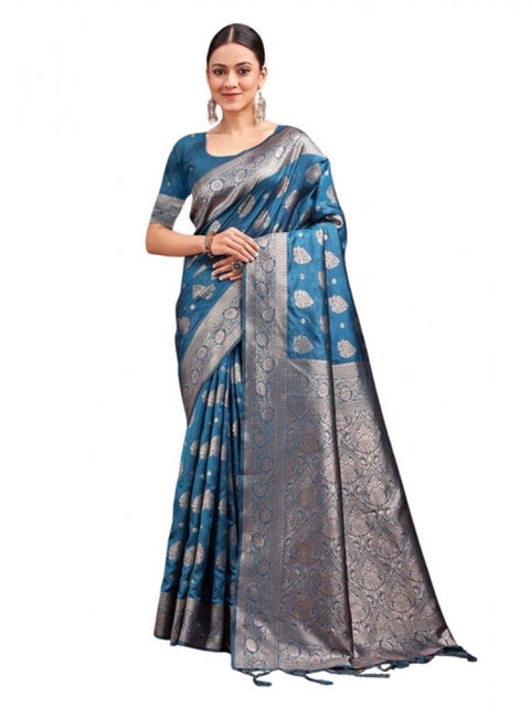 Women's Banarasi Silk Printed Saree With Unstitched Blouse 5.5Mtr (Teal Blue)