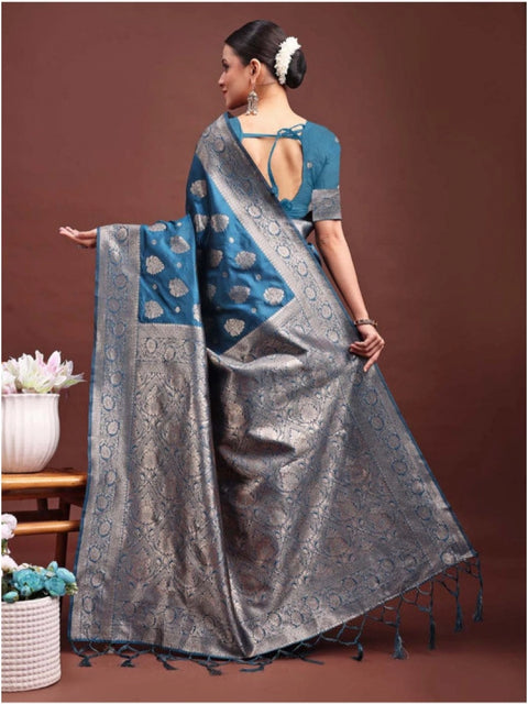 Women's Banarasi Silk Printed Saree With Unstitched Blouse 5.5Mtr (Teal Blue)