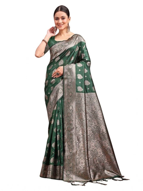 Women's Banarasi Silk Printed Saree With Unstitched Blouse 5.5Mtr (Dark Green)