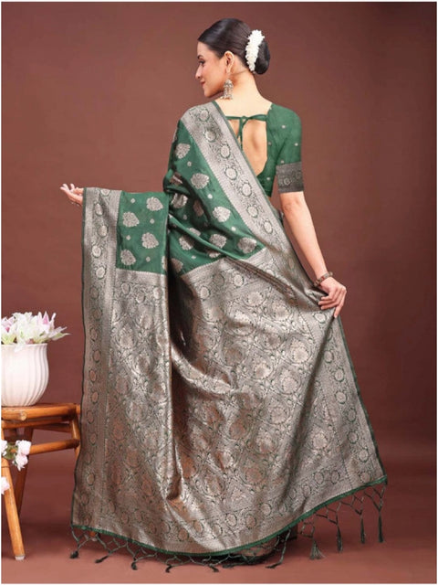Women's Banarasi Silk Printed Saree With Unstitched Blouse 5.5Mtr (Dark Green)