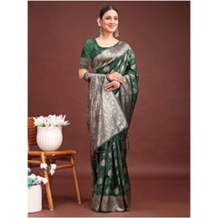 Generic Women's Banarasi Silk Printed Saree With Unstitched Blouse 5.5Mtr (Dark Green)