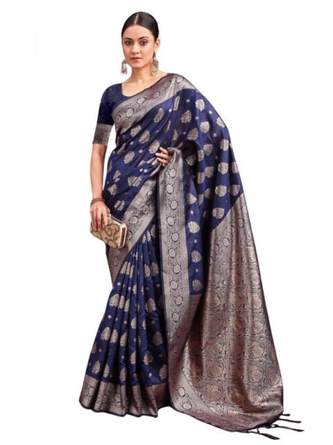 Women's Banarasi Silk Printed Saree With Unstitched Blouse 5.5Mtr (Navy Blue)
