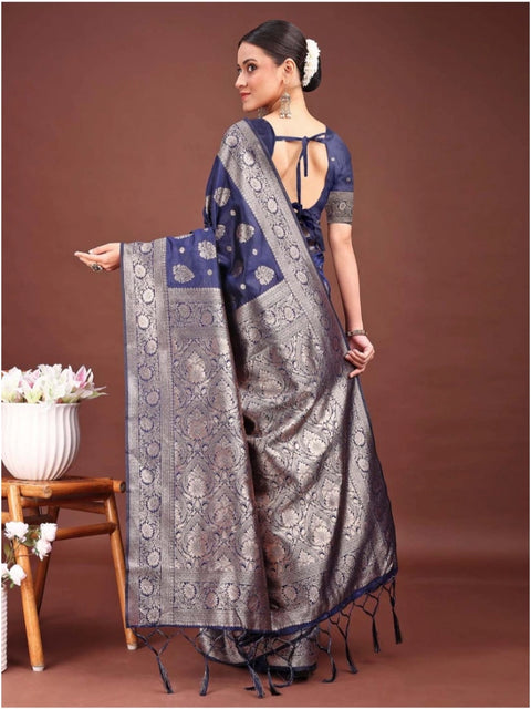 Women's Banarasi Silk Printed Saree With Unstitched Blouse 5.5Mtr (Navy Blue)