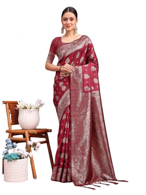 Women's Banarasi Silk Printed Saree With Unstitched Blouse 5.5Mtr (Maroon)