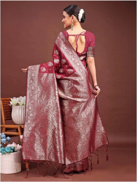 Women's Banarasi Silk Printed Saree With Unstitched Blouse 5.5Mtr (Maroon)