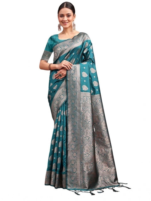 Women's Banarasi Silk Printed Saree With Unstitched Blouse 5.5Mtr (Sea Green)