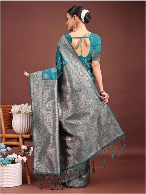 Women's Banarasi Silk Printed Saree With Unstitched Blouse 5.5Mtr (Sea Green)
