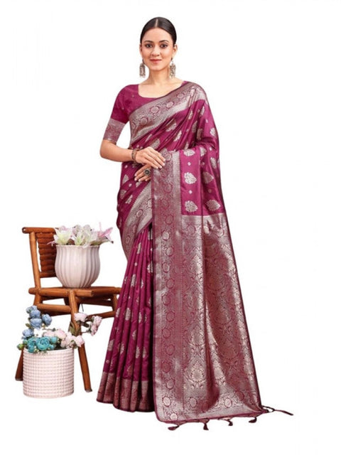 Women's Banarasi Silk Printed Saree With Unstitched Blouse 5.5Mtr (Purple)