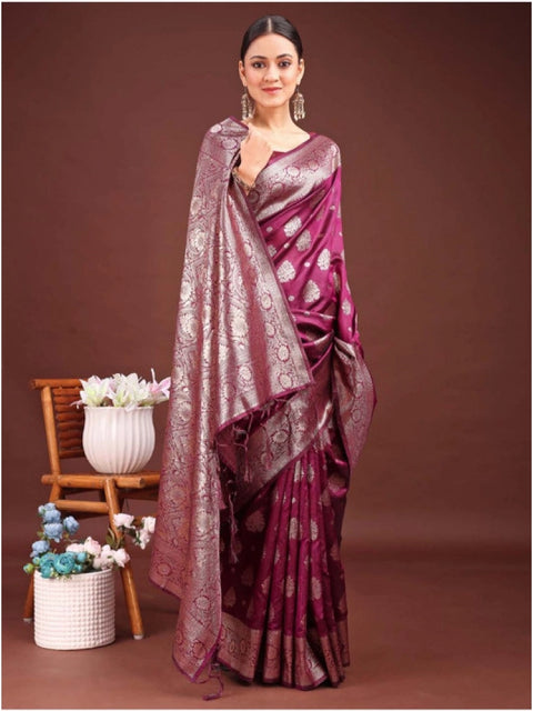 Women's Banarasi Silk Printed Saree With Unstitched Blouse 5.5Mtr (Purple)