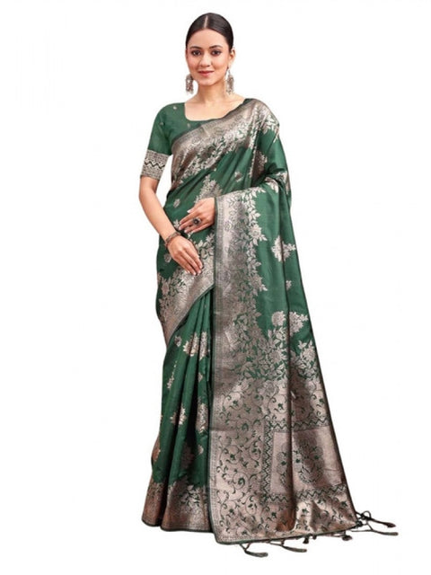 Women's Banarasi Silk Printed Saree With Unstitched Blouse 5.5Mtr (Dark Green)