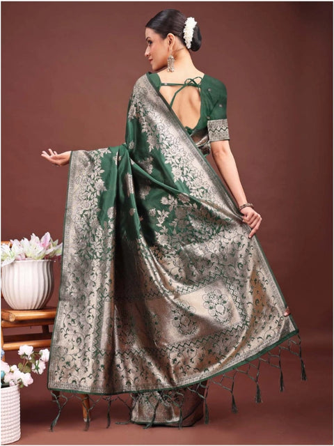 Women's Banarasi Silk Printed Saree With Unstitched Blouse 5.5Mtr (Dark Green)