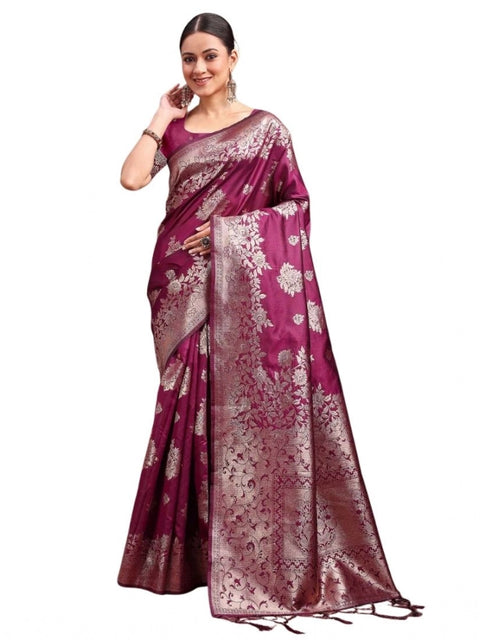 Women's Banarasi Silk Printed Saree With Unstitched Blouse 5.5Mtr (Purple)