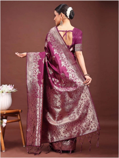 Women's Banarasi Silk Printed Saree With Unstitched Blouse 5.5Mtr (Purple)