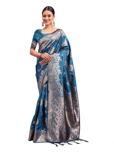 Women's Banarasi Silk Printed Saree With Unstitched Blouse 5.5Mtr (Teal Blue)