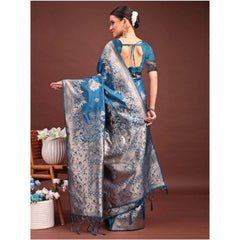 Generic Women's Banarasi Silk Printed Saree With Unstitched Blouse 5.5Mtr (Teal Blue)