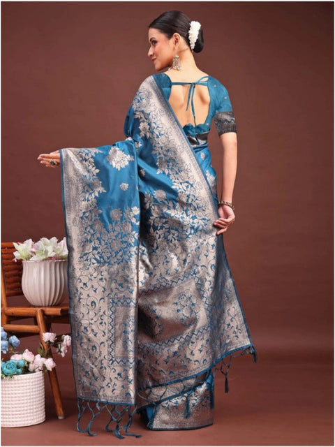Women's Banarasi Silk Printed Saree With Unstitched Blouse 5.5Mtr (Teal Blue)